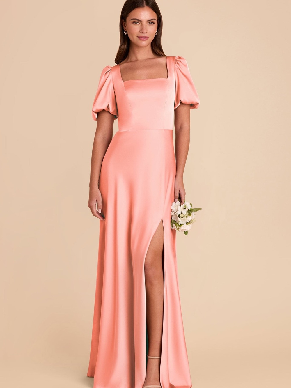Elegant Puff-Sleeve Matte Satin Gown in Coral Pink